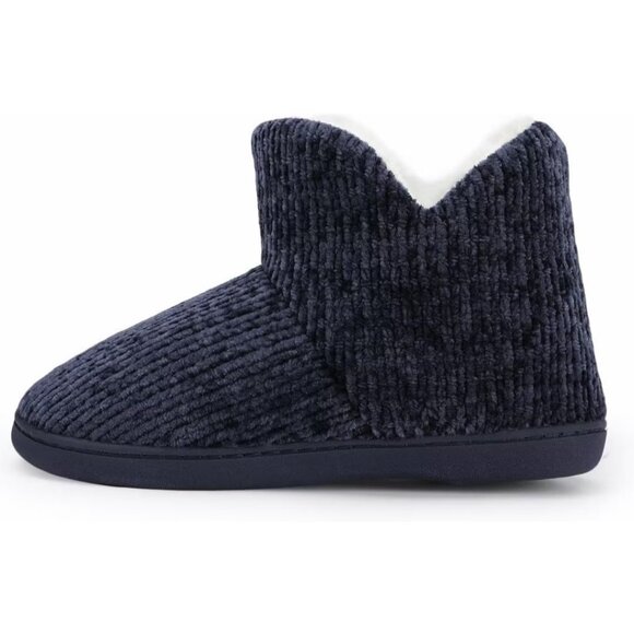 Women's Winter Warm Dark Blue Fluffy Fur Lined Plush Bootie Slippers Shoes - Picture 2 of 7